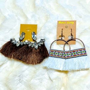 2 Pair of Tassel Fan Rhinestone Statement Earrings NEW